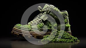 Close up new pairs of green running shoes sneaker shoes on green grass field in the park. With space for text or design