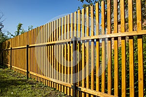 Close-up of a new wooden picket fence in the backyard of a country house, a sunny summer day