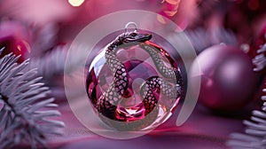 Close-up of a New Year's bauble with a sleek snake silhouette, set against a minimalist background in Very Peri