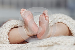 Close up of newborn baby feet covered with the blanket