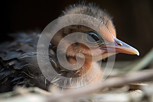 close-up of newborn bird with its eyes still closed and feathers in disarray