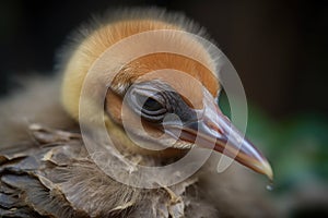 close-up of newborn bird with its eyes still closed and feathers in disarray