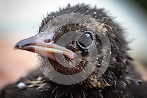 close-up of newborn bird's eye, with its beady little eyes peeking out