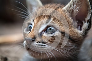 close-up of newborn feline's face, with its whiskers and eyes in focus