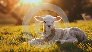 Close up of a newborn lamb in Springtime, laying down in lush green field and facing forward. Clean green background