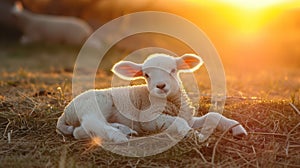 Close up of a newborn lamb in Springtime, laying down in lush green field and facing forward. Clean green background