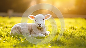 Close up of a newborn lamb in Springtime, laying down in lush green field and facing forward. Clean green background