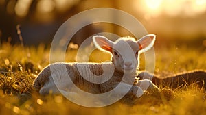 Close up of a newborn lamb in Springtime, laying down in lush green field and facing forward. Clean green background