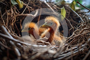 close-up of newly hatched chicks in a nest