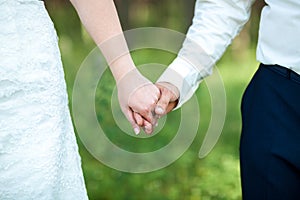 Close-up of newly weds holding each other`s hands and showing their wedding rings