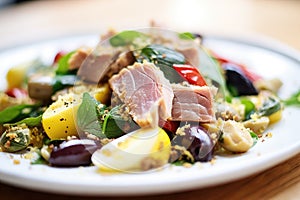 close-up on a nicoise salads tuna chunks with visible seasoning