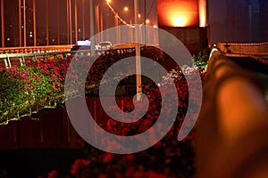 Close-up night view of the bridge across the river in the city