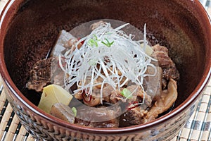 Close-up Nikujaga including beef, potato and radish stew topping with sliced radish and scallion in brown ceramic bowl on makisu.