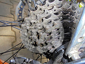 Close-up on nine speed mountain bike gear with chain.