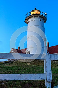 Close up of Nobska Lighthouse at dusk