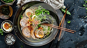 Close-up of noodles with meat and vegetables