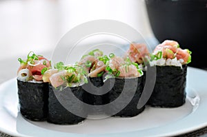 Close up Nori Maki Sushi with chopped tuna