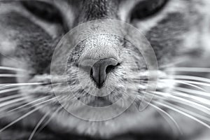 A close up nose of a gray tabby cat and whiskers