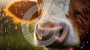 Close-up of the nose and nostrils of a cow in the pasture