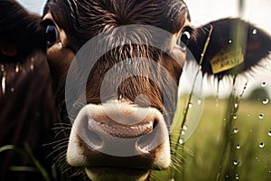 Close-up of the nose and nostrils of a cow in the pasture