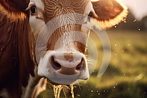 Close-up of the nose and nostrils of a cow in the pasture