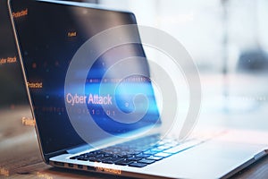 Close up of notebook with abstract binary code on blurry background. Cyber attack and hacking concept.