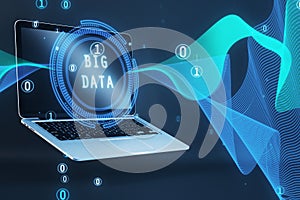 Close up of notebook with abstract round big data hologram with binary code on blurry light background. Stream information,