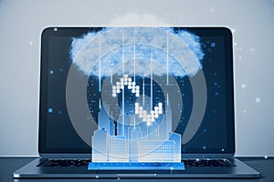 Close up of notebook on desk with hologram. Cloud computing concept. Smart city wireless internet communication with cloud storage