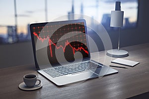 Close up of notebook on wooden desktop with coffee cup falling red business graph grid on window with city view office background