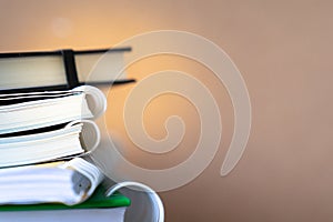 Close up notebooks stack Education background. Back to school.