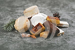 Close-up of nougats,mantecados and polvorones.Assortment of christmas sweets typical in Spain