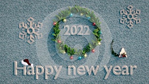 Close up of number 2022 on white snow background. Surrounded with green advent wreath. Snowflakes on the background. Happy ne
