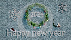 Close up of number 2024 on white snow background. Surrounded with green advent wreath. Snowflakes on the background. Happy new