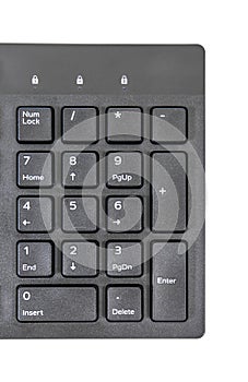 Close up of numeric keypad of computer keyboard num lock isolated on white background