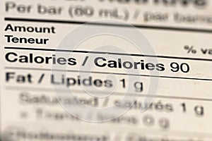 Close up of Nutritional Information Focused on Calories