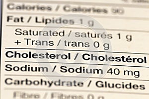 Close up of Nutritional Information Focused on Cholesterol