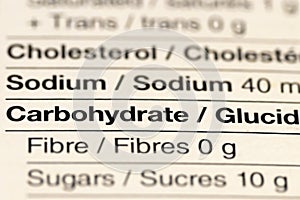 Close up of Nutritional Information Focused on Cholesterol, Fat and Carbs