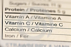Close up of Nutritional Information Focused on Vitamin C