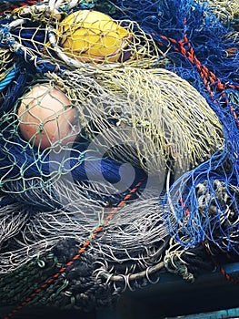 Close up of nylon fishing nets and plastic floats to use as background