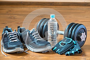 Close-up objects sporting for a man on floor