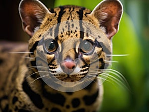 Close-up of an ocelot\'s face, with cat looking directly at camera. It is positioned in front of some greenery and