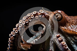 close-up of octopus kraken monster's tentacle, with its suckers and razor-sharp teeth visible