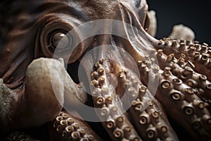 close-up of octopus kraken monster& x27;s tentacle, with its suckers and razor-sharp teeth visible