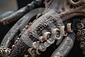 close-up of octopus kraken monster's tentacle, with its suckers and razor-sharp teeth visible