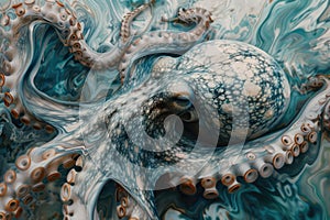 A close-up of an octopus overlaid with the swirling patterns of ocean currents in a double exposure