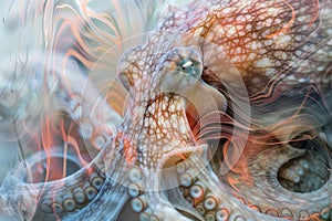 A close-up of an octopus overlaid with the swirling patterns of ocean currents in a double exposure