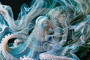 A close-up of an octopus overlaid with the swirling patterns of ocean currents in a double exposure