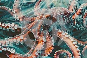 A close-up of an octopus overlaid with the swirling patterns of ocean currents in a double exposure