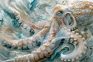 A close-up of an octopus overlaid with the swirling patterns of ocean currents in a double exposure