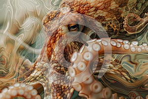 A close-up of an octopus overlaid with the swirling patterns of ocean currents in a double exposure